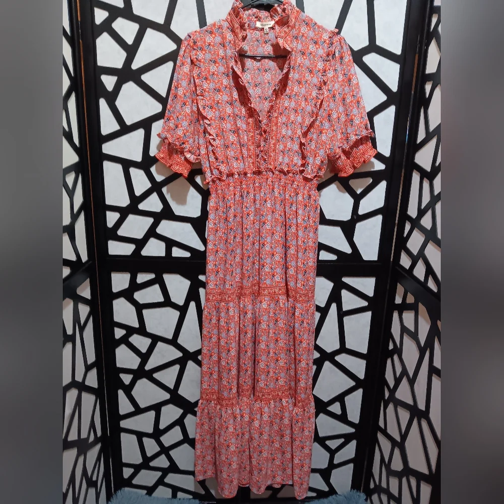 Max Studio - Collar V-Neck Short Smocked Sleeve Tiered Ruffle Maxi Dress - L - Picture 2 of 10